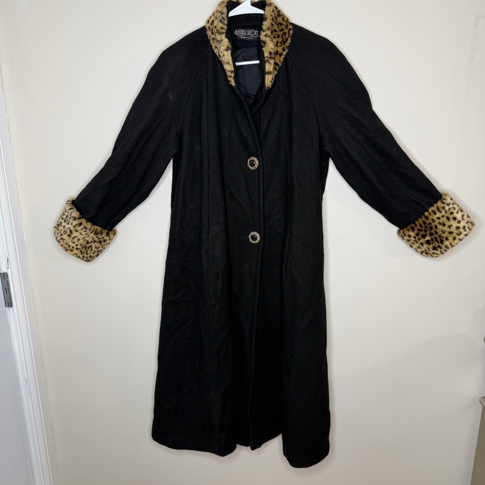 Russell Scott Vintage Coat Black Wool Blend Leopard Trim Long Elegant USA - Picture 2 of 14